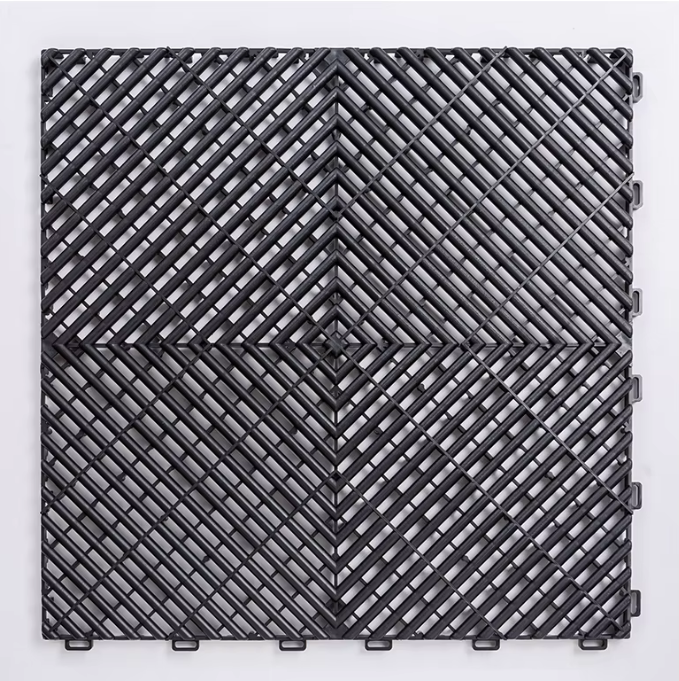 Schwarze PP-Klickfliese 400x400x18 mm für Werkstatt- und Garagenboden – rutschfest, belastbar, ideal für Gewerbe & Motorsport