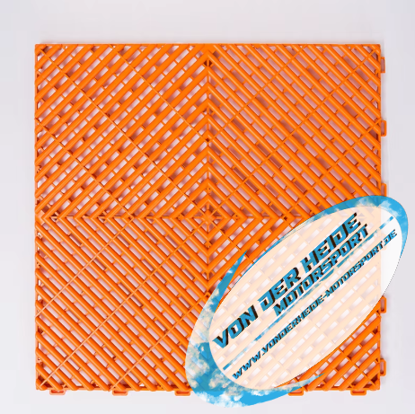 Orange PP-Klickfliese 400x400x18 mm für Werkstatt- und Garagenboden – rutschfest, robust & schnell verlegbar für Gewerbe, Motorsport & Events