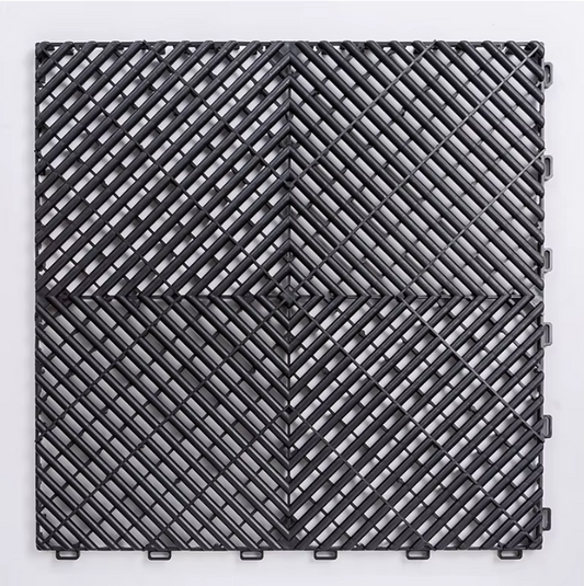 Schwarze PP-Klickfliese 400x400x18 mm für Werkstatt- und Garagenboden – rutschfest, belastbar, ideal für Gewerbe & Motorsport